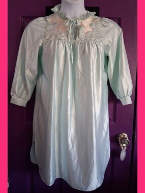 Vintage Mint Green Satin Nightgown with Embroidered Yoke
